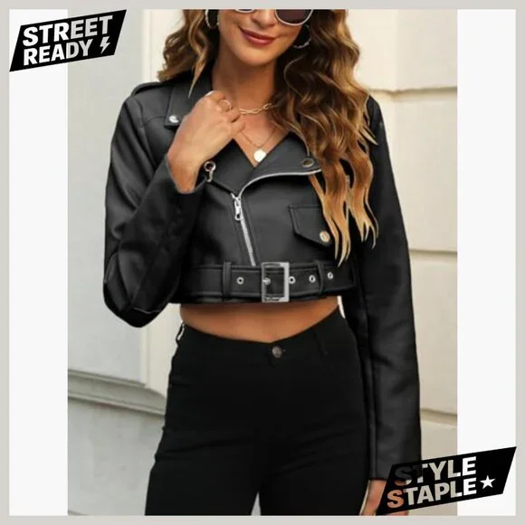 Cropped Faux Leather Jacket Bomber Zip Up Moto Coat with Pockets - Picture 3 of 6